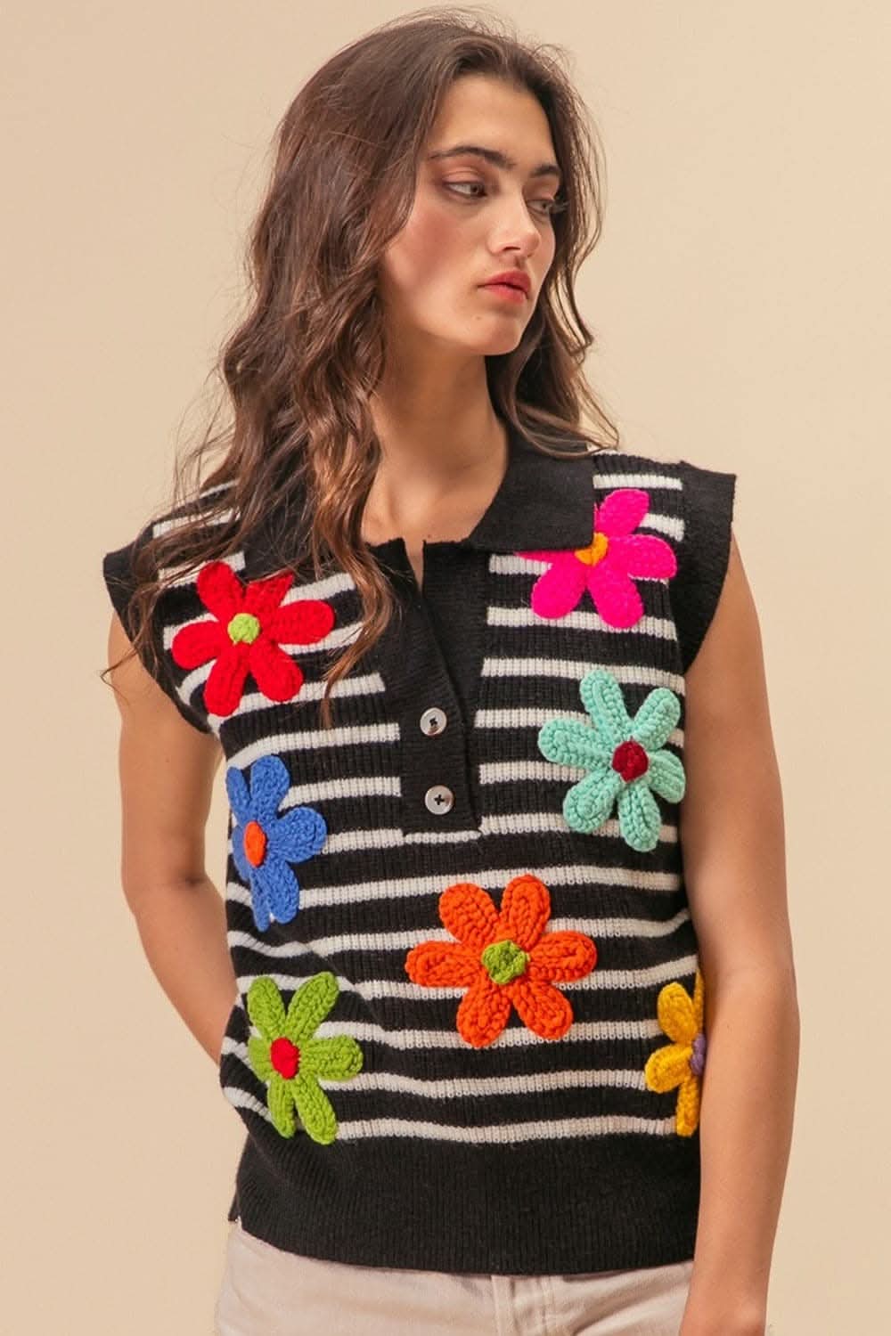 BiBi Flower Patch Striped Half Button Sweater Vest - Love Salve